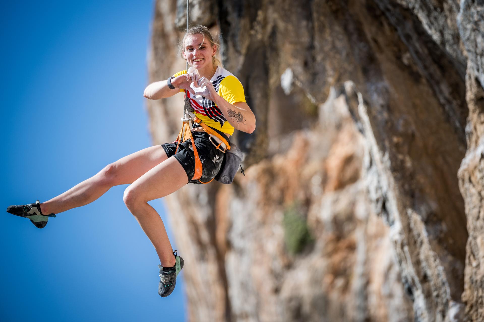 Athlete Heloise Doumont pictured in action during a climbing session during the annual stage of Team Belgium organized by the BOIC-COIB Belgian Olympic Committee, in Belek, Turkey, Friday 21 November 2025. The camp takes place from 19 to 26 November and focuses on the initial preparations for the 2028 Olympic Games in Los Angeles. BELGA PHOTO JASPER JACOBS