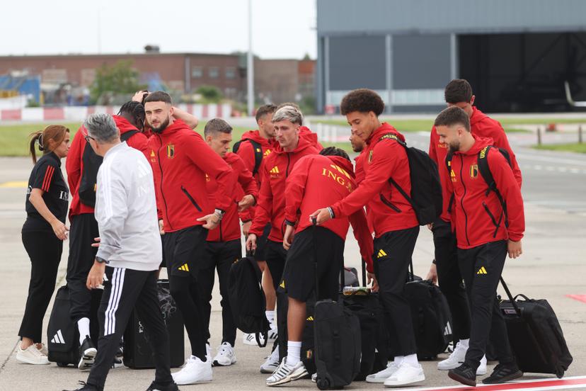 Belgium's players pictured at the departure of Belgian national soccer team the Red Devils from Brussels Airport, Monday 08 June 2026, in Zaventem. The Red Devils fly to their base camp in Seattle for the FIFA World Cup 2026 which is held in the United States, Canada and Mexico. BELGA PHOTO BRUNO FAHY