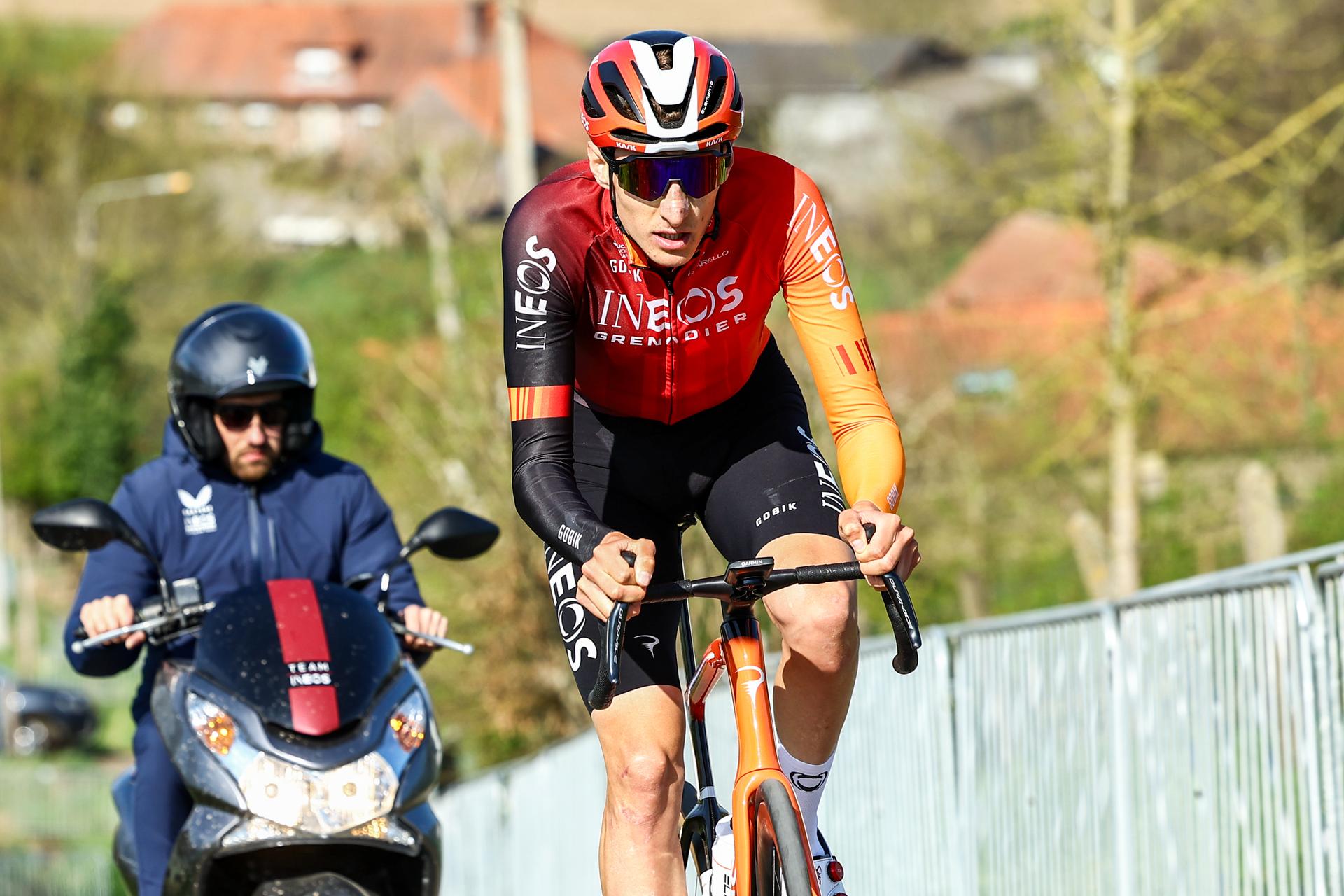 British Ben Turner of Ineos Grenadiers pictured in action during a track reconaissance ahead of the Ronde van Vlaanderen/ Tour des Flandres/ Tour of Flanders cycling race, Friday 04 April 2025. The 109th edition of the cycling race will take place on Sunday 06 April. BELGA PHOTO DAVID PINTENS
