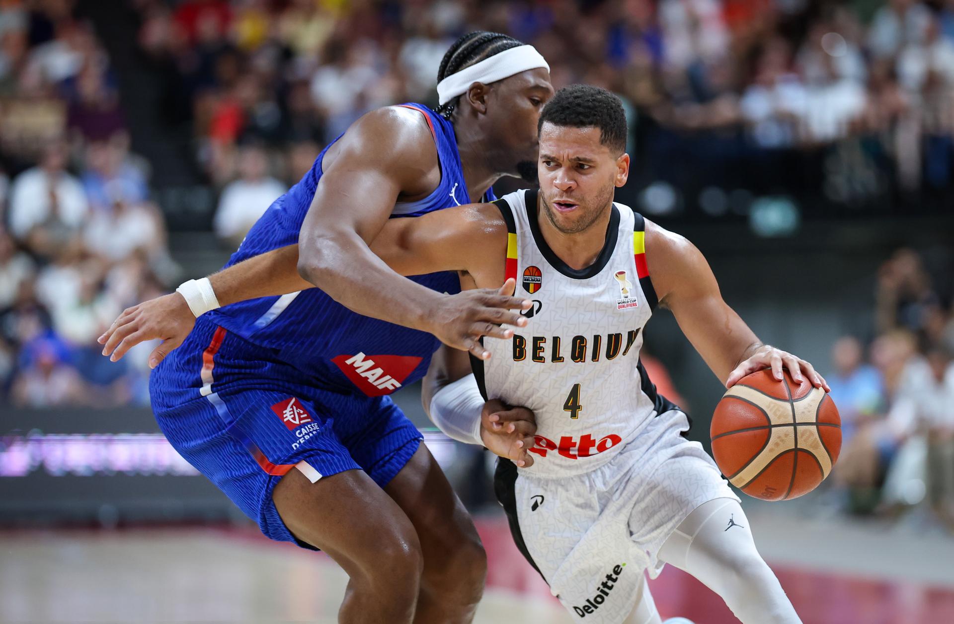 French Guerschon Yabusele and Belgium's Emmanuel Manu Lecomte fight for the ball during a basketball match between Belgian national team Belgian Lions and France, Friday 03 July 2026 in Antwerp, qualifier 5/6 for the men's 2027 FIBA World Championships. BELGA PHOTO VIRGINIE LEFOUR