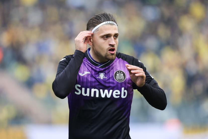 Anderlecht's Adriano Bertaccini pictured during a soccer game between Royale Union Saint-Gilloise and RSC Anderlecht, Thursday 14 May 2026 in Brussels, the final of the 'Croky Cup' Belgian soccer cup. BELGA PHOTO VIRGINIE LEFOUR