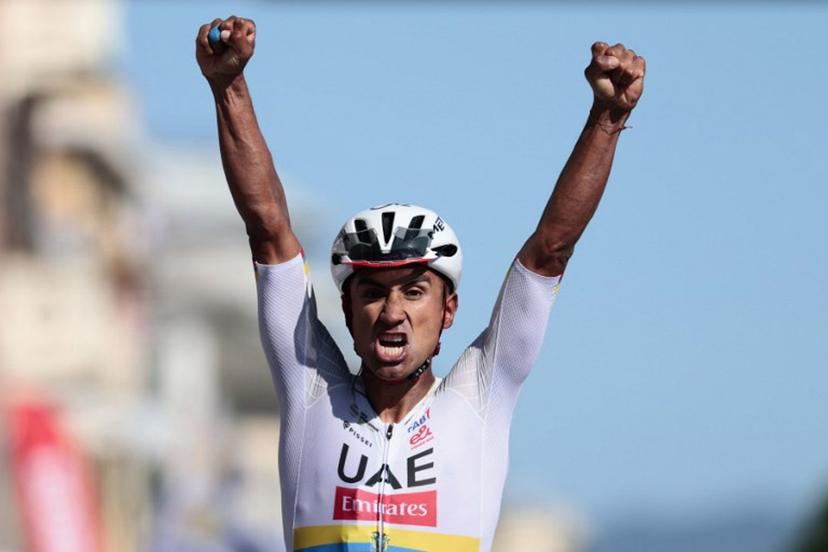 UAE Team Emirates - XRG Ecuadorian rider Jhonatan Narvaez celebrates as he crosses the finish line to win the 11th stage of the Giro d'Italia 2026 - Tour of Italy cycling race between Porcari and Chiavari, Italy, on May 20, 2026.  Luca Bettini / AFP
