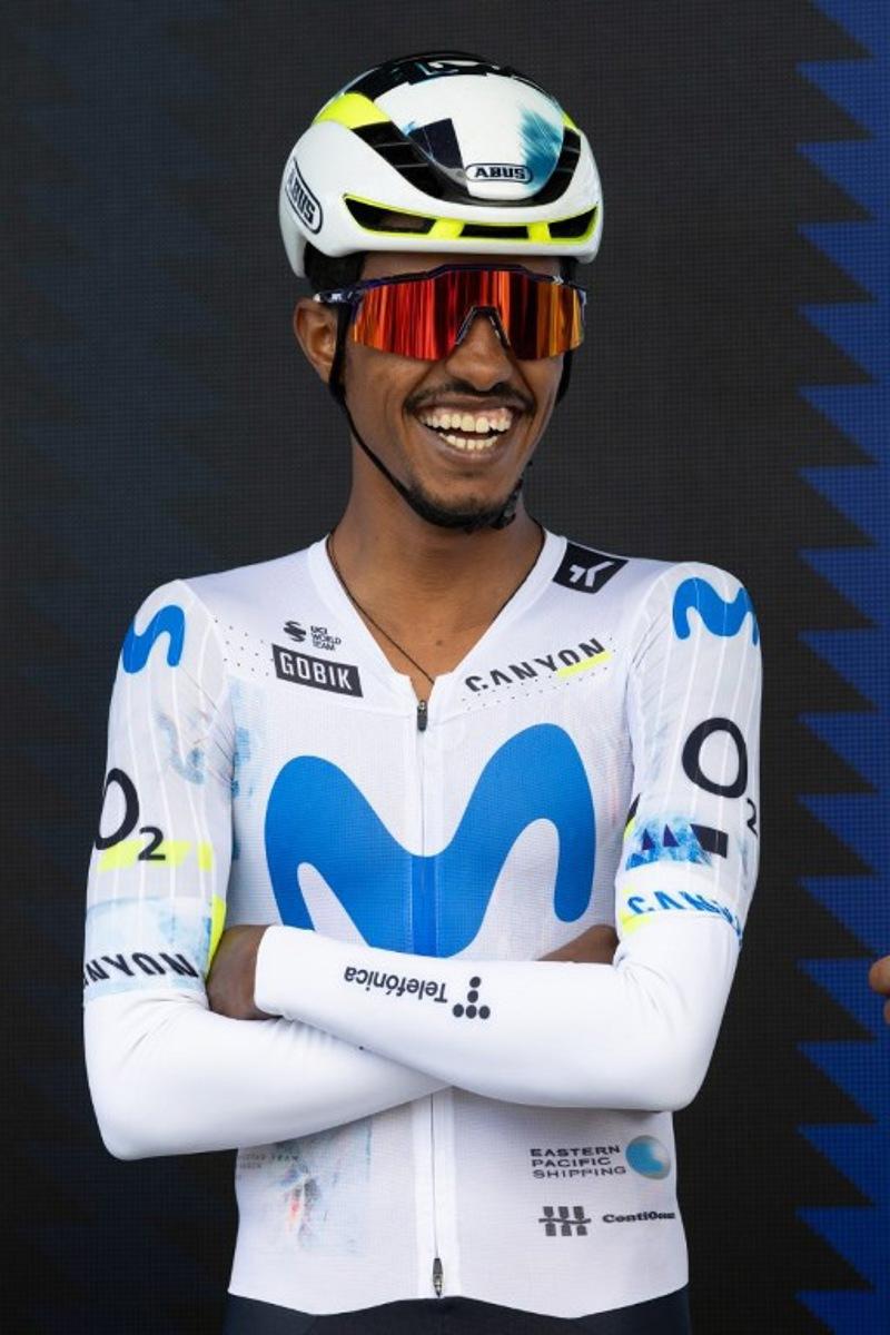 Eritrean Natnael Tesfatsion of Movistar Team smiles before competing in the 2026 Cadel Evans Great Ocean Men's Elite Road Race in Geelong on February 1, 2026.   CHRIS PUTNAM / AFP
