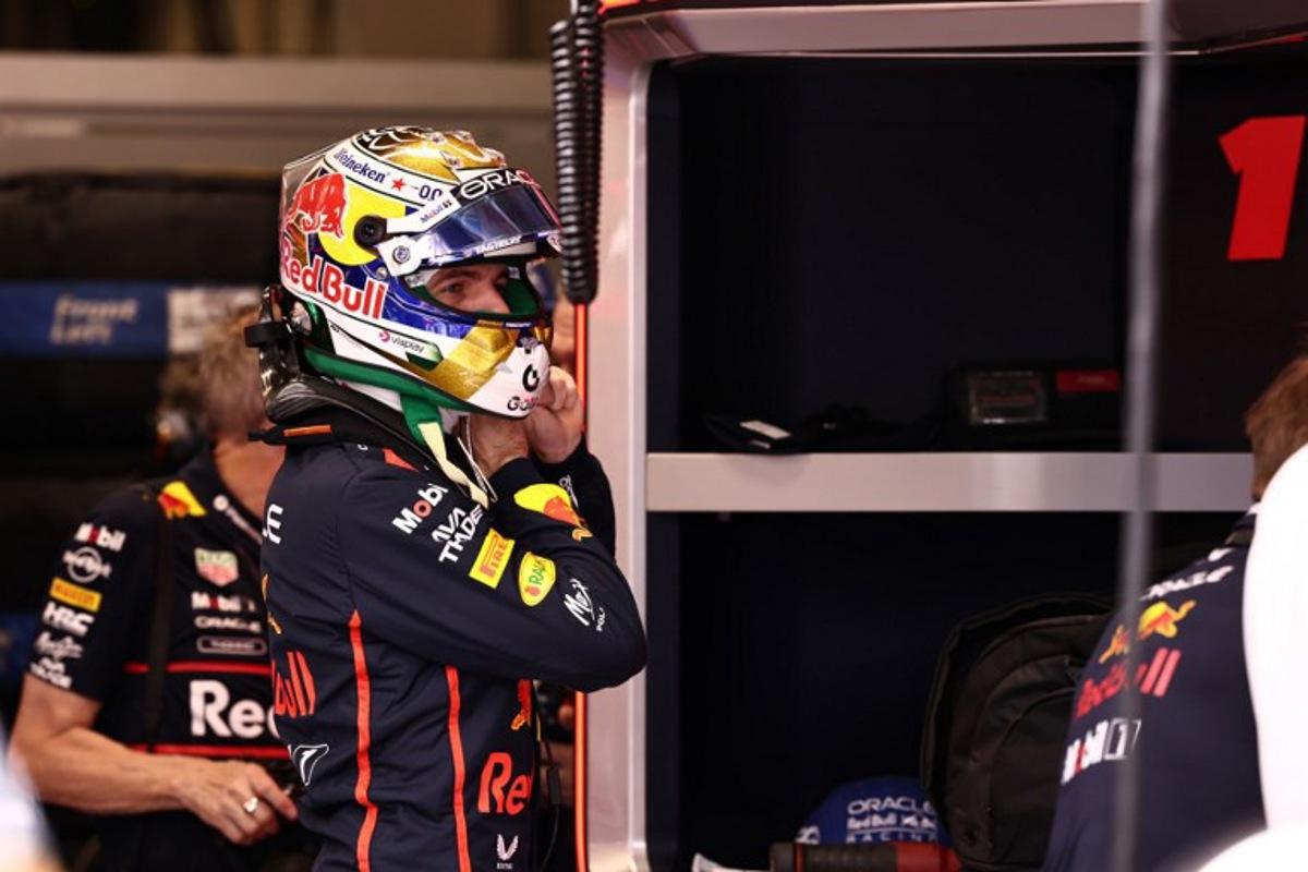 Red Bull Racing's Dutch driver Max Verstappen gestures in the garage during the qualifying session of the Sao Paulo Formula One Grand Prix at the Jose Carlos Pace racetrack, aka Interlagos, in Sao Paulo, Brazil on November 8, 2025.  JEAN CARNIEL / POOL / AFP