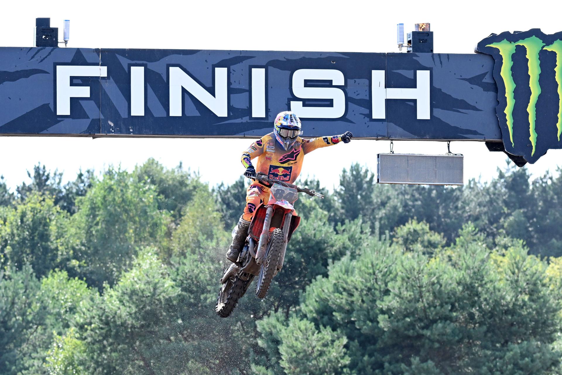 Dutch Jeffrey Herlings celebrates after winning the motocross MXGP Grand Prix Flanders, race 14/20 of the FIM Motocross World Championship, Sunday 28 July 2024 in Lommel. BELGA PHOTO MAARTEN STRAETEMANS