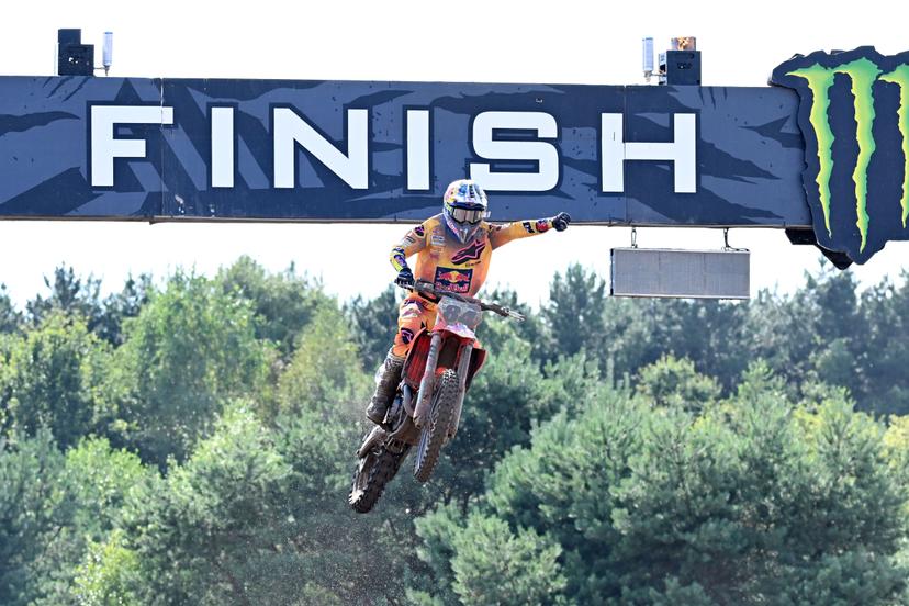 Dutch Jeffrey Herlings celebrates after winning the motocross MXGP Grand Prix Flanders, race 14/20 of the FIM Motocross World Championship, Sunday 28 July 2024 in Lommel. BELGA PHOTO MAARTEN STRAETEMANS
