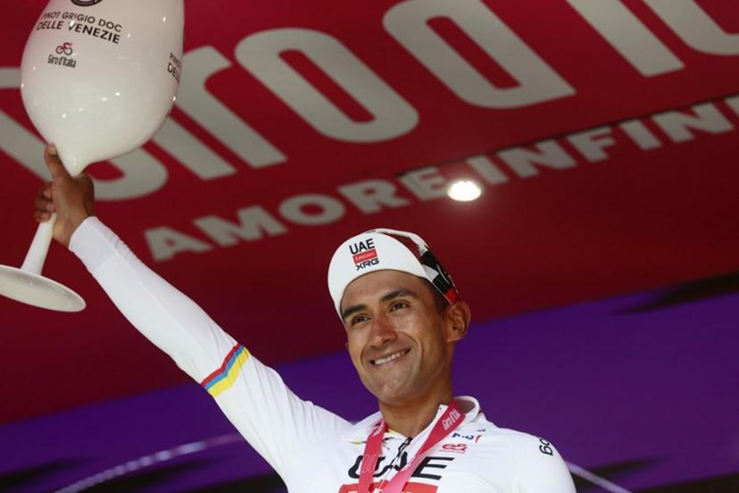UAE Team Emirates - XRG Ecuadorian rider Jhonatan Narvaez celebrates on the podium after winning the 8th stage of the Giro d'Italia 2026 - Tour of Italy cycling race between Chieti and Fermo, central Italy on May 16, 2026.  Luca Bettini / AFP