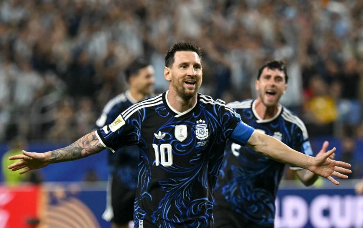 Argentina's forward #10 Lionel Messi celebrates scoring his team's third goal during the 2026 World Cup Group J football match between Jordan and Argentina at the Dallas Stadium in Arlington on June 27, 2026.   Paul ELLIS / AFP