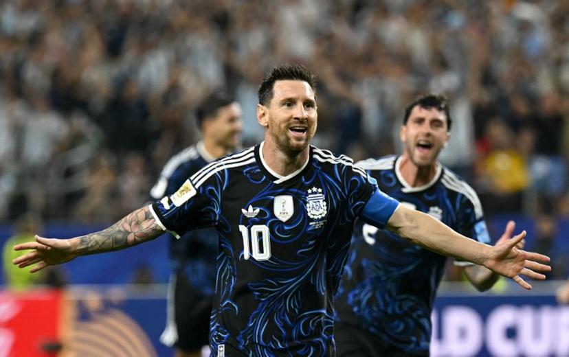 Argentina's forward #10 Lionel Messi celebrates scoring his team's third goal during the 2026 World Cup Group J football match between Jordan and Argentina at the Dallas Stadium in Arlington on June 27, 2026.   Paul ELLIS / AFP