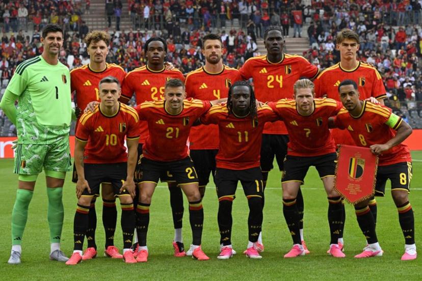 (LtoR) Belgium's goalkeeper #1 Thibaut Courtois, Belgium's defender #12 Thomas Meunier, Belgium's midfielder #10 Leandro Trossard, Belgium's defender #3 Nathan Ngoy, Belgium's defender #21 Timothy Castagne, Belgium's defender #4 Brandon Mechele, Belgium's midfielder #11 Jeremy Doku, Belgium's midfielder #18 Amadou Onana, Belgium's midfielder #7 Kevin De Bruyne, Belgium's midfielder #8 Youri Tielemans and Belgium's forward #17 Charles De Ketelaere pose ahead of the international friendly football match between Belgium and Tunisia at the King Baudouin Stadium in Brussels on June 6, 2026.  JOHN THYS / AFP