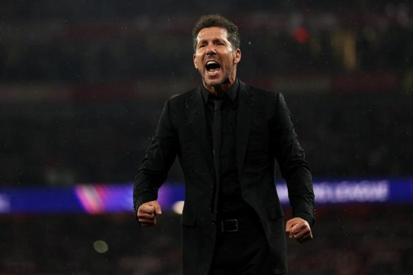 Atletico Madrid's Argentinian coach Diego Simeone reacts with the fans following the UEFA Champions League second-leg semi-final football match between Arsenal and Atletico Madrid at the Emirates Stadium in north London on May 5, 2026.  Adrian Dennis / AFP