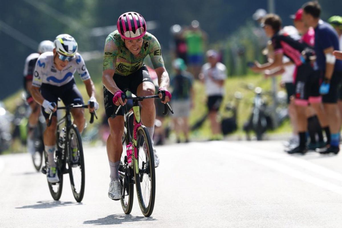 EF Education - EasyPost Danish rider Michael Valgren attacks during the 17th stage of the Giro d'Italia 2026 - Tour of Italy cycling race between Cassano d'Adda and Andalo, Italy, on May 27, 2026.  Luca Bettini / AFP