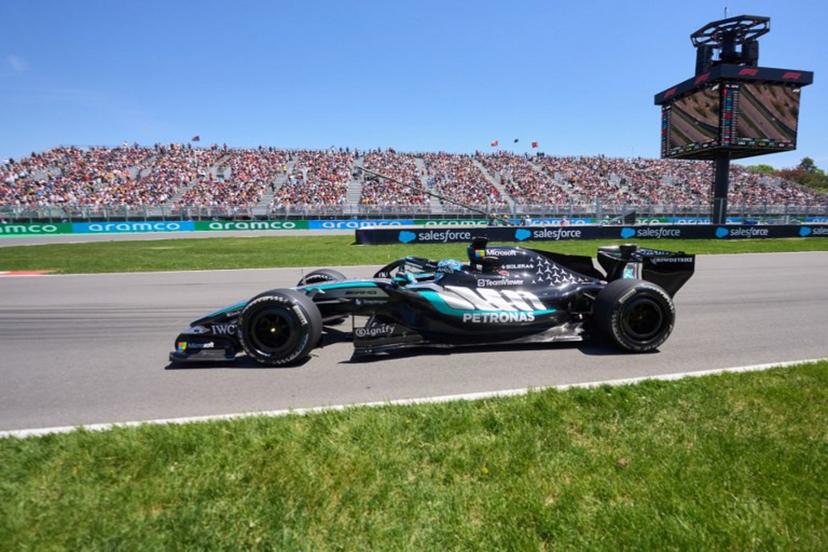 Mercedes' British driver George Russell races during a practice session for the 2026 Formula 1 Grand Prix du Canada at Circuit Gilles-Villeneuve in Montreal, Canada, on May 22, 2026.   Geoff Robins / AFP