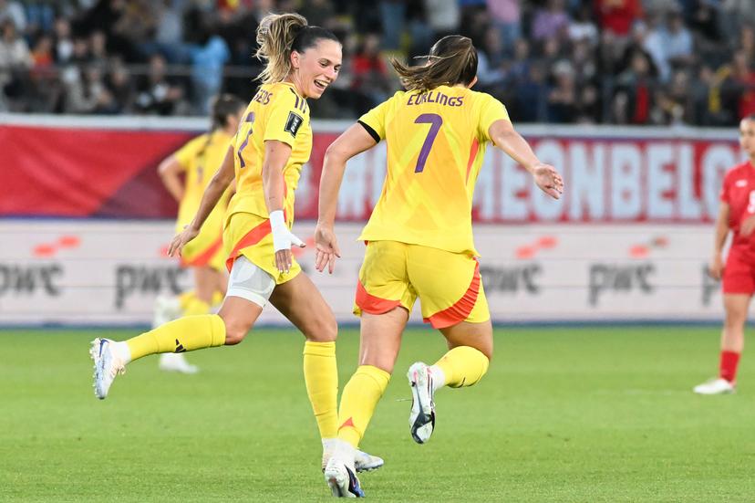 Belgium's Jill Janssens celebrates after scoring during a soccer game between Belgium's national women's team the Red Flames and Luxembourg, on Friday 05 June 2026 in Leuven, in the fifth of six games of the qualifiers for the 2027 FIFA Women's World Cup. BELGA PHOTO JILL DELSAUX