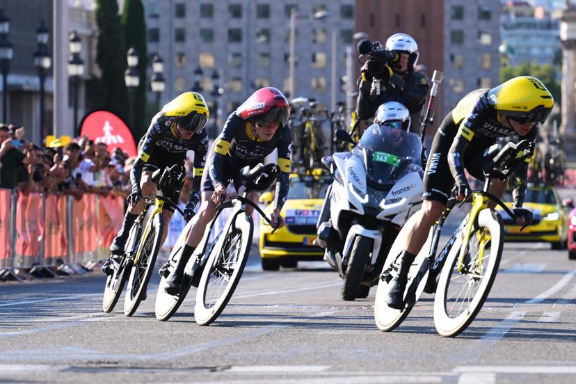 Danish Jonas Vingegaard of Team Visma-Lease a Bike (C) pictured in action during the first stage of the 2026 Tour de France cycling race, a team time trial of 19km with start and finish in Barcelona, Spain, Saturday 04 July 2026. The 113th edition of the Tour de France starts on Saturday 4 July in Barcelona, Spain, and will finish in Paris, France on the 26th of July.  BELGA PHOTO DAVID PINTENS