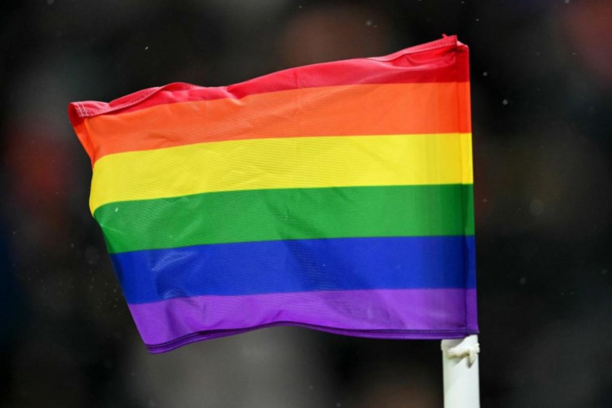 A rainbow corner flag is pictured during the English Premier League football match between Sunderland and Liverpool at The Stadium of Light in Sunderland in north east England on February 11, 2026.  ANDY BUCHANAN / AFP