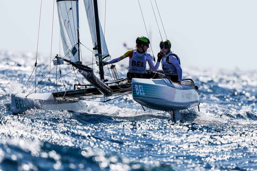 Lucas CLAEYSSENS and Eline VERSTRAELEN of Belgium compete in the Mixed Multihull class during the Paris Olympic Games 2024 - Day 8 at Marina Marseille on August 3, 2024 in Marseille, France. (Photo by Johnny Fidelin/Icon Sport)