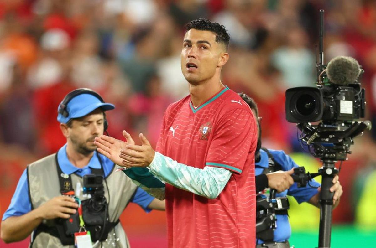 Portugal's forward #07 Cristiano Ronaldo reacts after winning the 2026 World Cup round of 32 football match between Portugal and Croatia at the Toronto Stadium in Toronto on July 2, 2026.   Cole Burston / AFP
