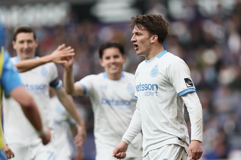 Club's Christos Tzolis celebrates after scoring during a soccer match between RSCA Anderlecht and Club Brugge, Sunday 03 May 2026 in Brussels, on the fifth day of the Champion's Play-off of the 2025-2026 'Jupiler Pro League' first division of the Belgian championship. BELGA PHOTO BRUNO FAHY