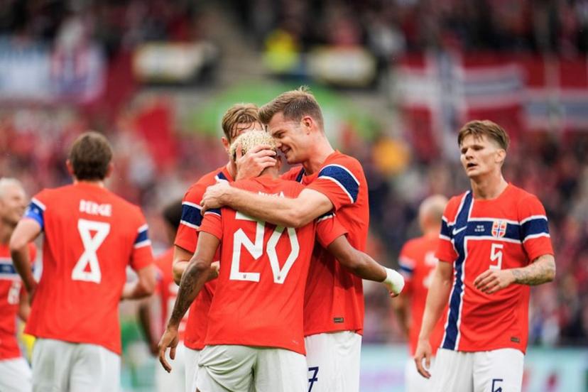 Norway's midfielder #20 Antonio Nusa (C) celebrates scoring the 2-0 goal with his teammates during the friendly match between Norway and Sweden at Ullevaal Stadium, on June 1, 2026 ahead of the 2026 FIFA World Cup football tournament.  Lise Åserud / NTB / AFP