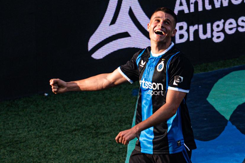 Club's Nicolo Tresoldi celebrates after scoring during a game between Belgian soccer team Club Brugge KV and KAA Gent, Sunday 24 May 2026 in Brugge, on the last day of the Champion's Play-offs of the 2025-2026 'Jupiler Pro League' first division of the Belgian championship. BELGA PHOTO EMILE WINDAL