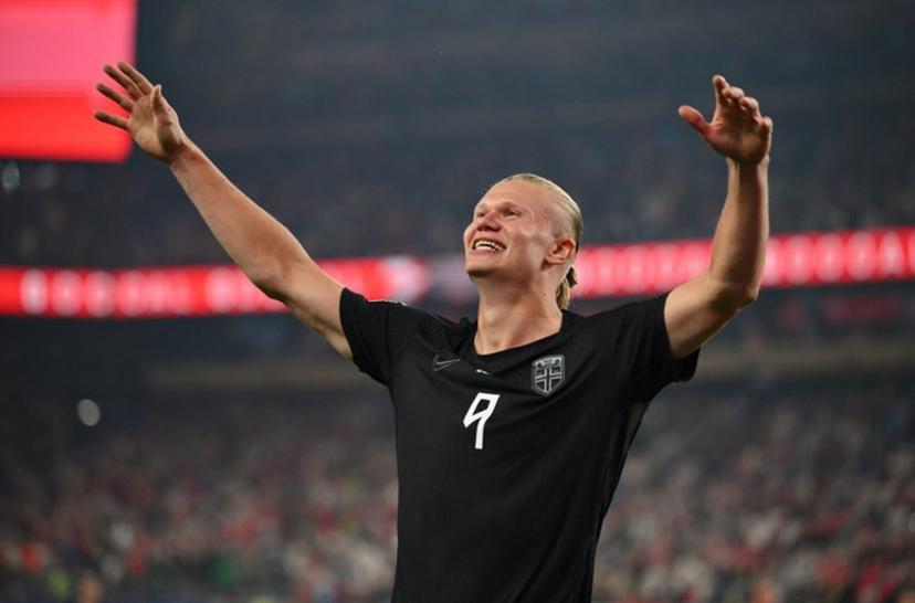 Norway's forward #09 Erling Braut Haaland celebrates scoring his team's second goal during the 2026 World Cup Group I football match between Norway and Senegal at the New York/New Jersey Stadium in East Rutherford on June 22, 2026.  Angela WEISS / AFP