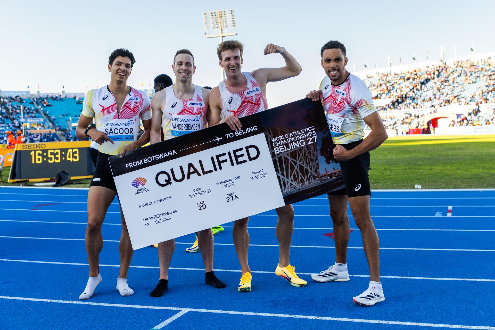 Alexander Sacoor, Robin Vanderbemden, Alexander Doom and Daniel Segers pictured after the men's 4x400m heats at the IAAF World Athletics Relays, Saturday 02 May 2026, in Gaborone, Botswana. BELGA PHOTO NIKOLA KRSTIC