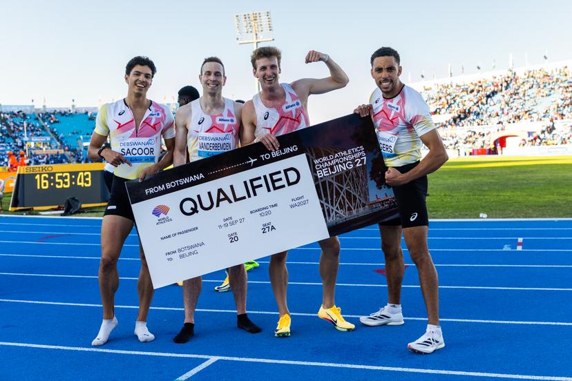 Alexander Sacoor, Robin Vanderbemden, Alexander Doom and Daniel Segers pictured after the men's 4x400m heats at the IAAF World Athletics Relays, Saturday 02 May 2026, in Gaborone, Botswana. BELGA PHOTO NIKOLA KRSTIC