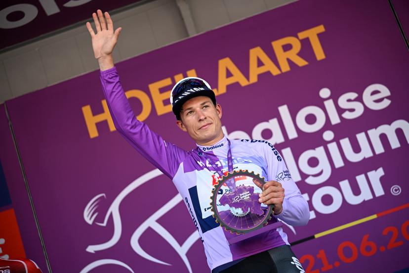 Overall winner Belgian Jasper Philipsen of Alpecin-Premier Tech celebrates on the podium after stage 5 of the Baloise Belgium Tour cycling race, 183,6km from Gingelom to Hoeilaart, on Sunday 21 June 2026. The Baloise Belgium Tour takes place from 17 to 21 June. BELGA PHOTO JASPER JACOBS