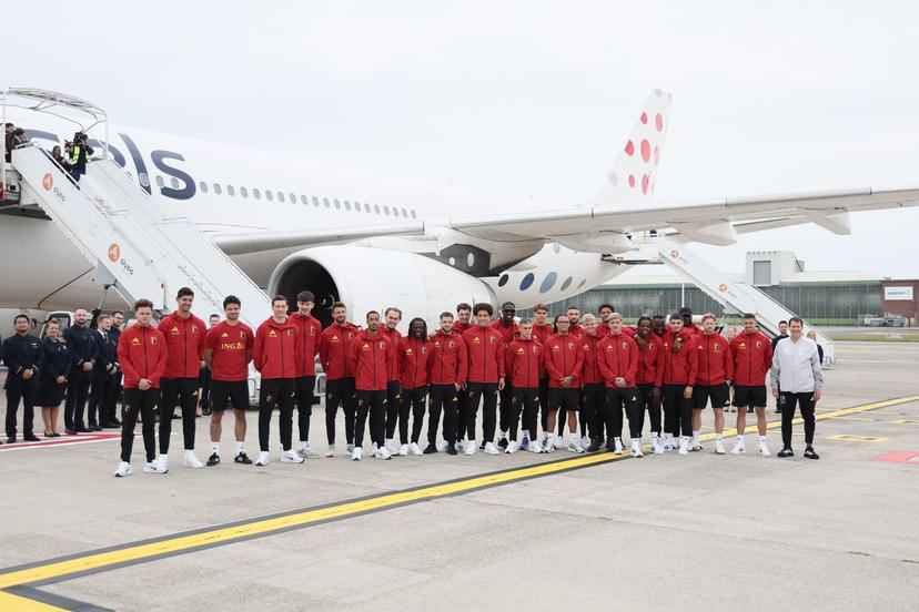 Belgium's players pictured at the departure of Belgian national soccer team the Red Devils from Brussels Airport, Monday 08 June 2026, in Zaventem. The Red Devils fly to their base camp in Seattle for the FIFA World Cup 2026 which is held in the United States, Canada and Mexico. BELGA PHOTO BRUNO FAHY