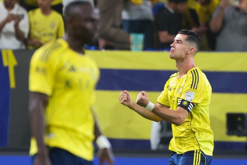 Nassr's Portuguese forward #07 Cristiano Ronaldo celebrates after scoring his team's first goal during the Saudi Pro League football match between Al-Nassr and Al-Ahli at the Al-Awwal Park Stadium in Riyadh on April 29, 2026.  Fayez NURELDINE / AFP