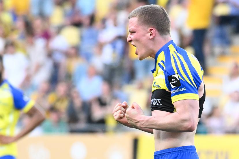 STVV's Robert-Jan Vanwesemael celebrates during a soccer match between Sint-Truiden VV and KV Mechelen, Sunday 24 May 2026 in Sint-Truiden, on the last day of the Champion's Play-offs of the 2025-2026 'Jupiler Pro League' first division of the Belgian championship. BELGA PHOTO JILL DELSAUX
