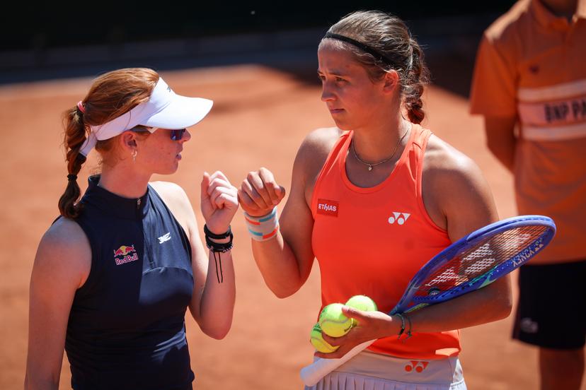 Australian Maya Joint and Belgian Hanne Vandewinkel pictured during a first round match in the women's doubles between Belgian/Australian pair Vandewinkel/Joint and French pair Jeanjean/Ponchet at the Roland Garros French Open tennis tournament, in Paris, France, Wednesday 27 May 2026. This year's tournament takes place from 18 May to 07 June. BELGA PHOTO VIRGINIE LEFOUR