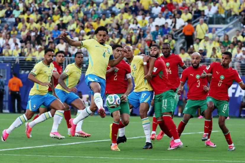Brazil's defender #04 Marquinhos kicks the ball during the 2026 World Cup Group C football match between Brazil and Morocco at the New York/New Jersey Stadium in East Rutherford on June 13, 2026.  TIMOTHY A. CLARY / AFP