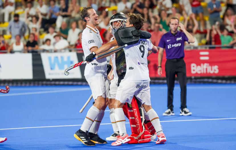 Belgium's goalkeeper Vincent Vanasch celebrates after winning a hockey game between Belgian national team Red Lions and Netherlands, Wednesday 24 June 2026 in Wavre, match 13/16 in the group stage of the men's FIH Pro League competition. BELGA PHOTO VIRGINIE LEFOUR