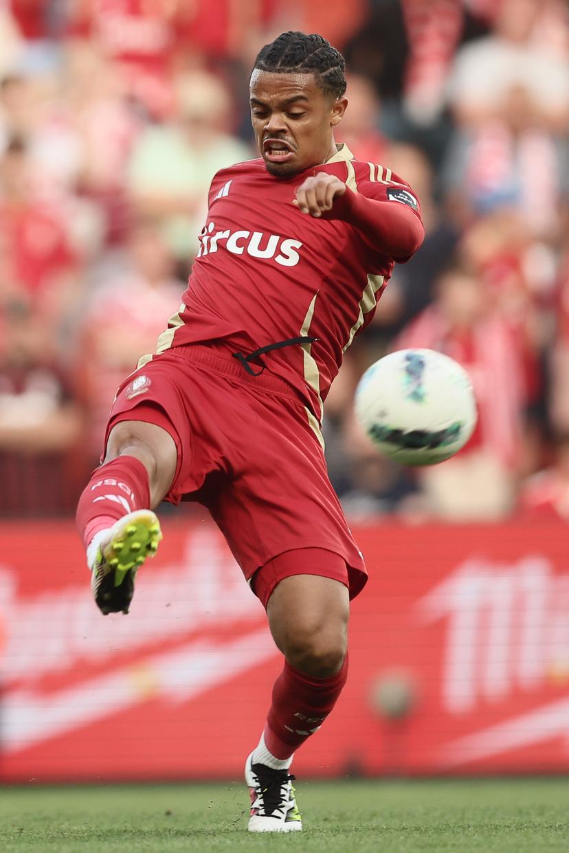 Standard's Lucas Noubi pictured in action during a soccer match between Standard de Liege and Beerschot VA, Sunday 25 August 2024 in Liege, on day 5 of the 2024-2025 season of the 'Jupiler Pro League' first division of the Belgian championship. BELGA PHOTO BRUNO FAHY