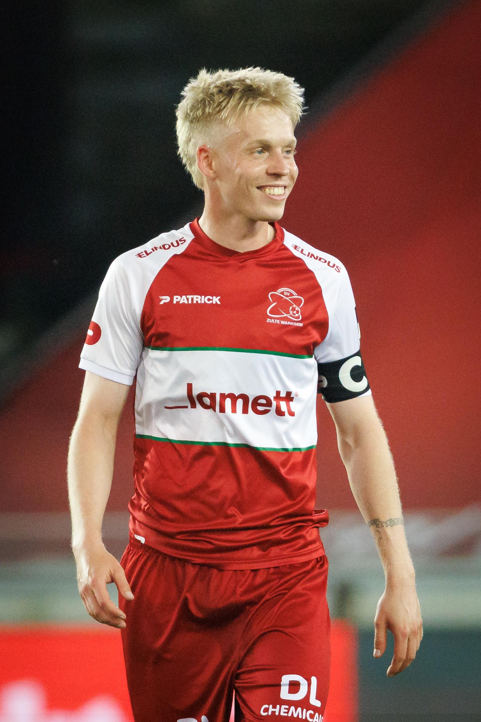 Essevee's Jeppe Erenbjerg celebrates after scoring during a soccer match between Cercle Brugge KSV and SV Zulte Waregem, Friday 01 May 2026 in Brugge, on day five of the Relegation Play-offs of the 2025-2026 'Jupiler Pro League' first division of the Belgian championship. BELGA PHOTO KURT DESPLENTER