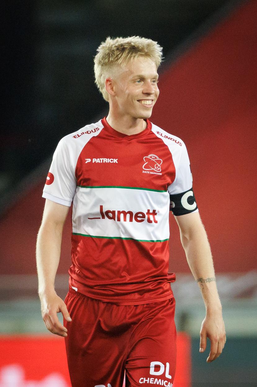 Essevee's Jeppe Erenbjerg celebrates after scoring during a soccer match between Cercle Brugge KSV and SV Zulte Waregem, Friday 01 May 2026 in Brugge, on day five of the Relegation Play-offs of the 2025-2026 'Jupiler Pro League' first division of the Belgian championship. BELGA PHOTO KURT DESPLENTER