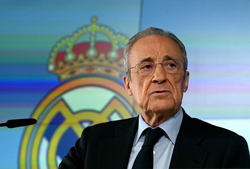 Real Madrid President Florentino Perez talks to media at Real Madrid Sports City in Valdebebas, in the outskirts of Madrid, on May 12, 2026.  JAVIER SORIANO / AFP