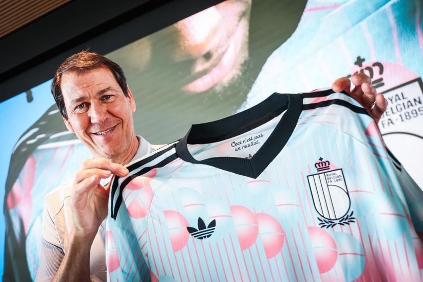 Belgium's head coach Rudi Garcia poses for the photographer with the new national shirt after a press conference of the Red Devils, the Belgian national soccer team, in Tubize on Friday 20 March 2026. The team is preparing for its friendly games against the United States and Mexico. These games are preparation games of the 2026 World Cup. BELGA PHOTO BRUNO FAHY