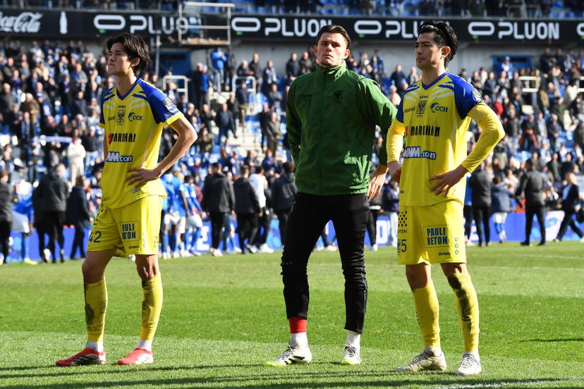 STVV's Keisuke Goto and STVV's Shogo Taniguchi look dejected after losing a soccer match between KRC Genk and Sint-Truidense VV, Sunday 15 March 2026 in Genk, on day 29 of the 2025-2026 'Jupiler Pro League' first division of the Belgian championship. BELGA PHOTO JILL DELSAUX