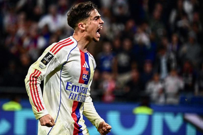 Lyon's Portuguese forward #17 Afonso Moreira reacts during the French L1 football match between Olympique Lyonnais (OL) and Stade Rennais FC at the Groupama Stadium in Decines-Charpieu, central-eastern France on May 3, 2026.  OLIVIER CHASSIGNOLE / AFP