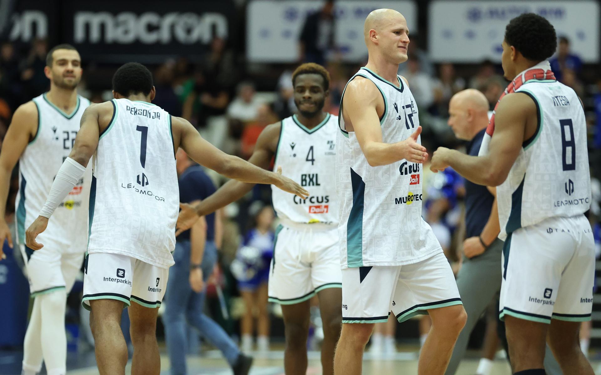 Brussels' Yannick Dammen celebrates after winning a basketball match between Brussels and Oostende, Friday 16 October 2026 in Brussels, on day 3 of the 'BNXT League' Belgian and Dutch first division basket championship. BELGA PHOTO VIRGINIE LEFOUR