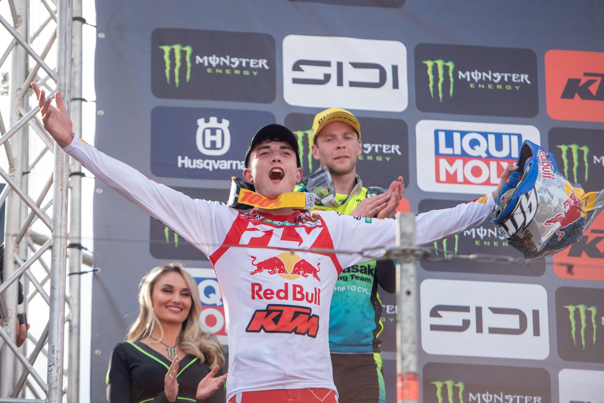 Belgium's Lucas Coenen celebrates on the podium after winning the motocross MXGP Grand Prix Flanders, race 15/20 of the FIM Motocross World Championship, Sunday 03 August 2025 in Lommel. BELGA PHOTO JONAS ROOSENS
