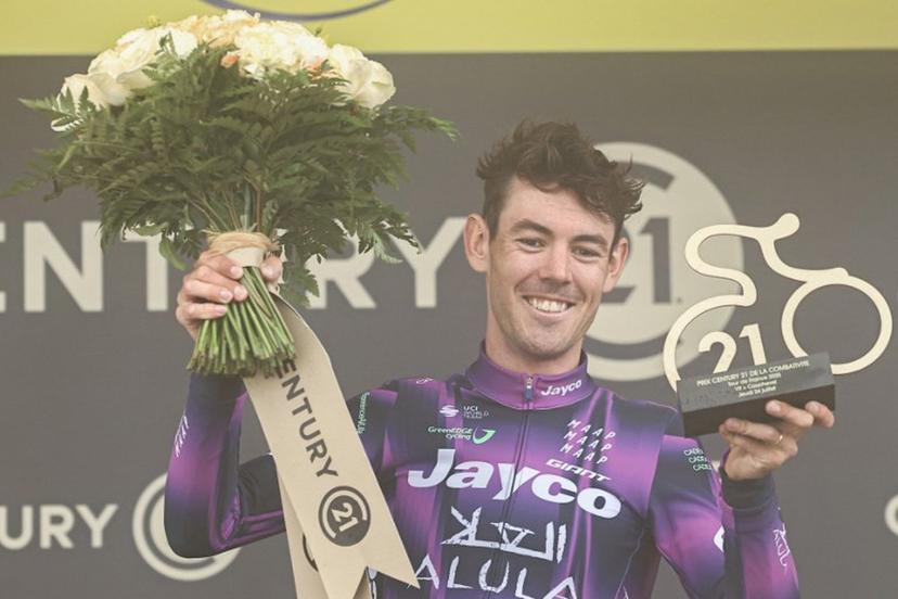 Team Jayco AlUla team's Australian rider Ben O'Connor celebrates on the podium with the combativity award after winning the 18th stage of the 112th edition of the Tour de France cycling race, 171.5 km between Vif and Courchevel Col de la Loze, in the Alps, southeastern France, on July 24, 2025.  Anne-Christine POUJOULAT / AFP