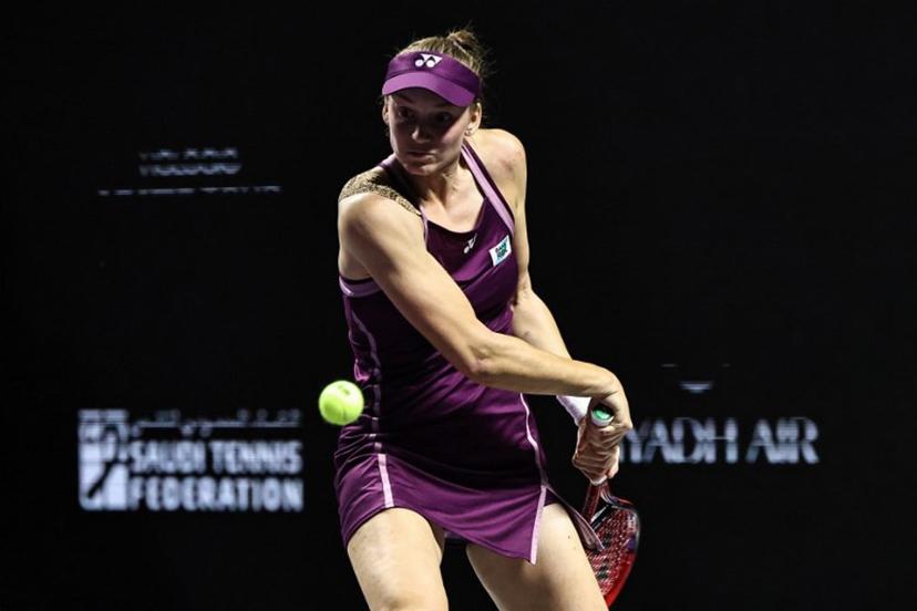 Kazakhstan's Elena Rybakina hits a return against USA's Jessica Pegula during their semi-final tennis match at the WTA Finals in Riyadh on November 7, 2025.  Fayez NURELDINE / AFP