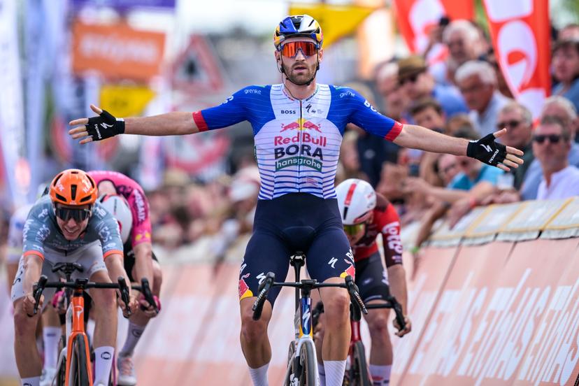 Belgian Jordi Meeus of Red Bull-BORA-hansgrohe celebrates as he crosses the finish line to win the first stage of the Tour De Wallonie cycling race, 180,7 km from Manage to Lobbes, on Monday 01 June 2026. BELGA PHOTO DAVID PINTENS