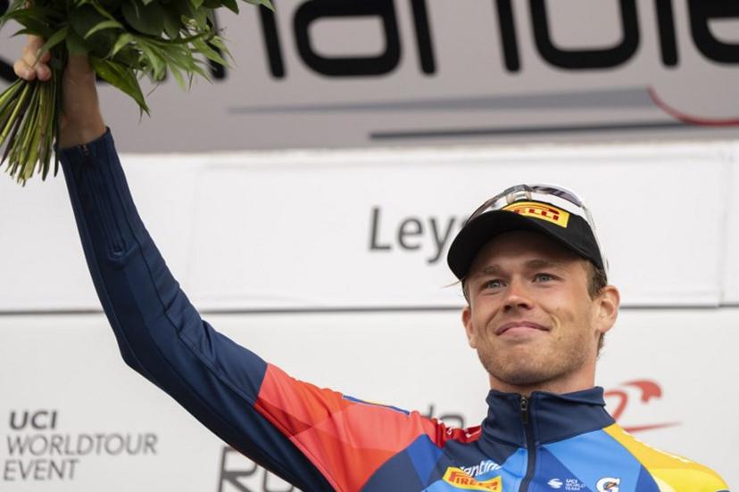 Lidl‑Trek's Swedish Jakob Soderqvist, awarded as best combative of the stage, celebrates during the podium ceremony of the final stage of the Tour of Romandie UCI cycling World tour, 178.2 km from Lucens and to Leysin, in Leysin, Switzerland, on May, 3, 2026.  TIL BUERGY / AFP