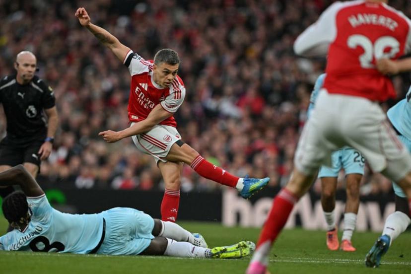 Arsenal's Belgian midfielder #19 Leandro Trossard shoots but fails to score during the English Premier League football match between Arsenal and Burnley at the Emirates Stadium in London on May 18, 2026.   Glyn KIRK / AFP