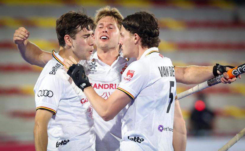 Belgium's Thibeau Stockbroekx celebrates after scoring during a hockey game between Belgian national team Red Lions and Spain, Tuesday 16 June 2026 in Wavre, match 10/16 in the group stage of the men's FIH Pro League competition. BELGA PHOTO VIRGINIE LEFOUR